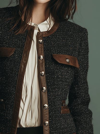Classic Vintage Leather Trim Tweed Jacket