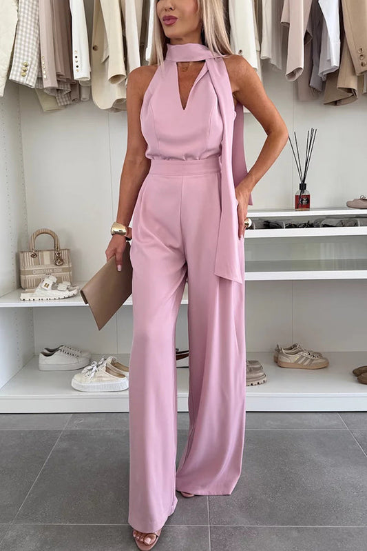 Deep Impression Solid Color Ribbon Neck Pocketed Wide Leg Jumpsuit