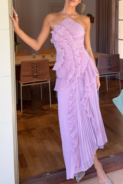 Vestido largo estilo nenúfar con pliegues y volantes estilo halter Dream Ode 