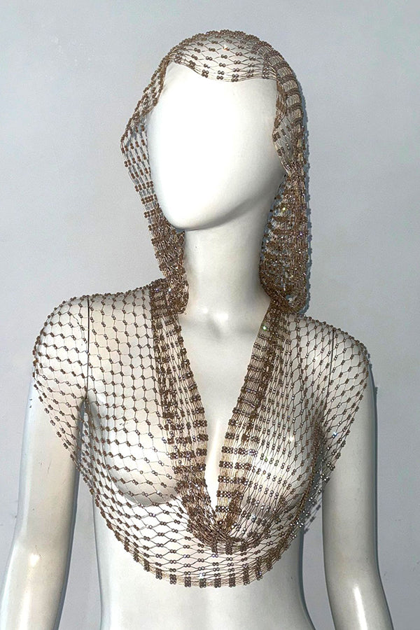 Fashion Fishnet Rhinestone Hooded Vest