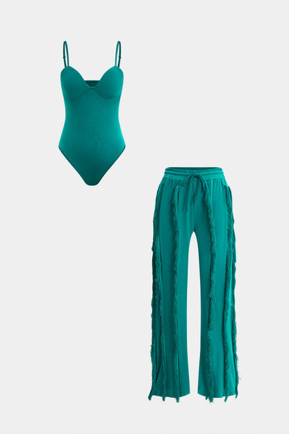 Bustier Slip Bodysuit And Fringe Tie Front Wide Leg Trousers Set