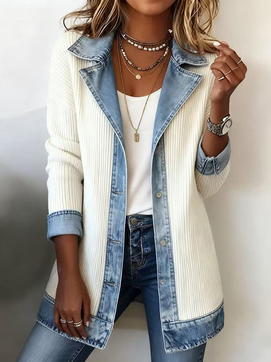 Daily Knitted Black Turndown Collar Long Sleeve Contrast Casual Button Denim Cardigans