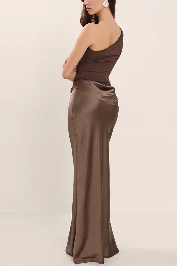 Kaia Satin Contrast Fabric Patchwork One Shoulder Ruched Maxi Dress