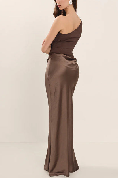 Kaia Satin Contrast Fabric Patchwork One Shoulder Ruched Maxi Dress