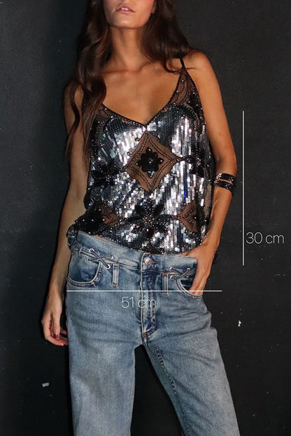 Club Queen Embroidered Sequin Unique Pattern Loose Slip Tank