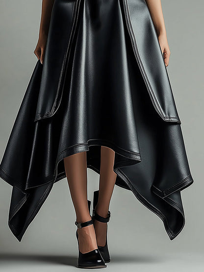 sheenchic PU Leather Layered Irregular Hem Maxi Skirt