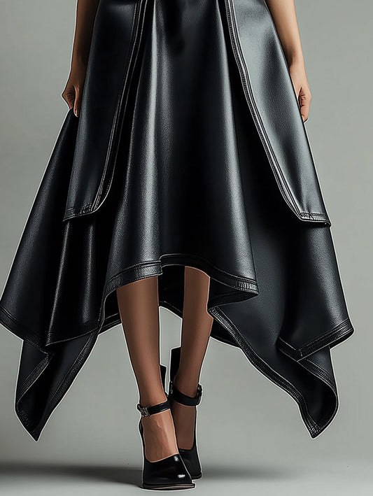 sheenchic PU Leather Layered Irregular Hem Maxi Skirt