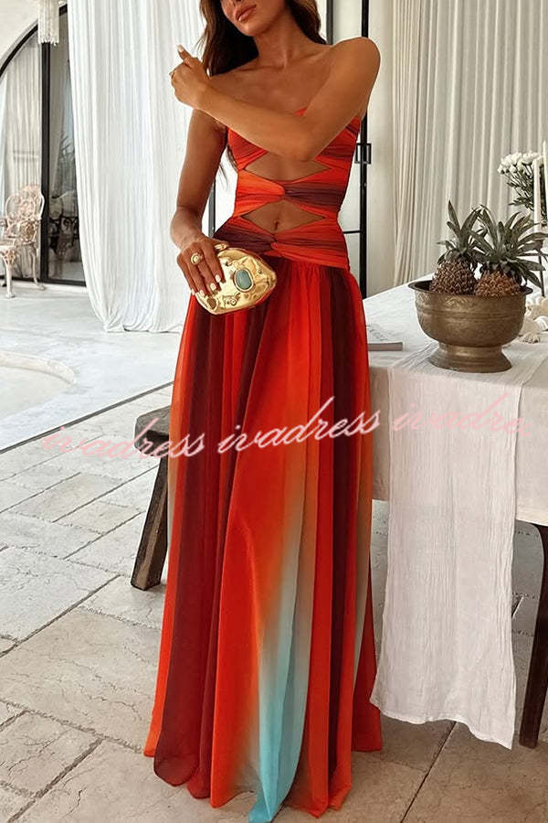 Vestido largo de vacaciones con hombros descubiertos, aberturas torcidas y estampado de malla Sardinia Sunset