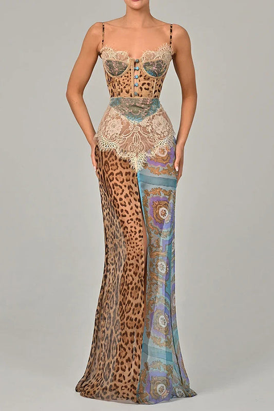 Vestido largo ajustado con abertura alta y encaje sexy con estampado de leopardo de gasa 