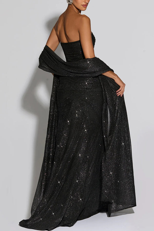 Paula Sequined Mesh and Jersey Off Shoulder Ruched Knot Drape Shawl Maxi Dress