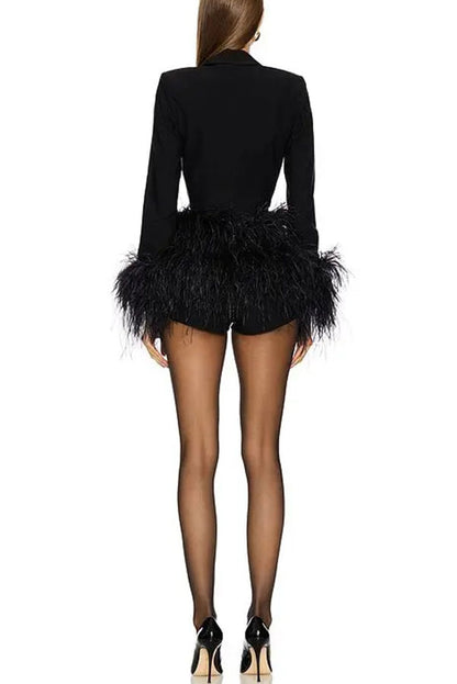 Party Time Feather Trim Design Deep Lapel V-Neck Long Sleeve Stretch Romper