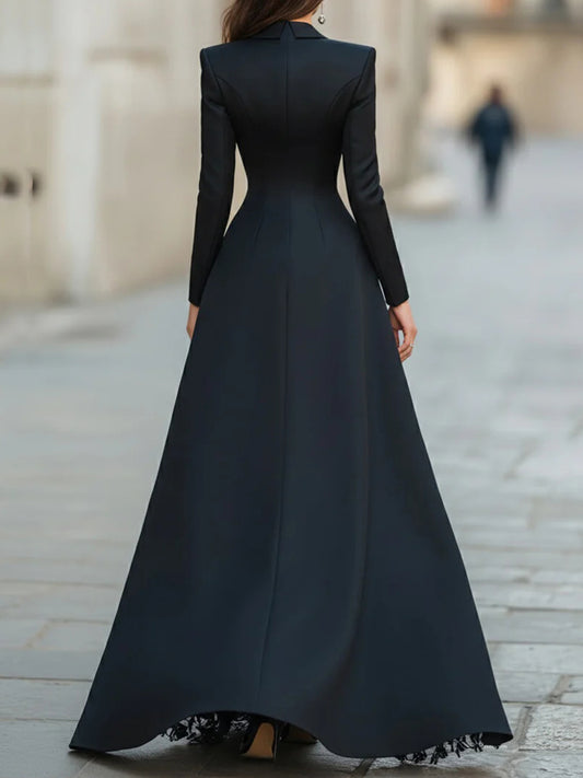 Party Black Turndown Collar Long Sleeve Split Elegant Contrast Lace Maxi Dresses