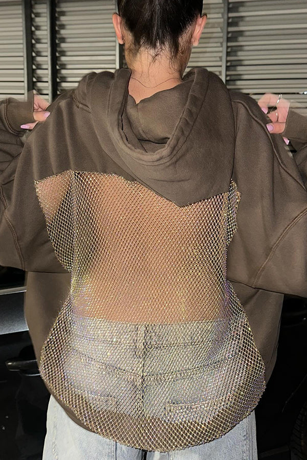 Sudadera con capucha, manga larga, holgada, de malla brillante y moderna, con espalda hueca 