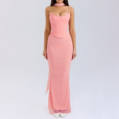 Pink Strapless Bodice and High Waist Skirt with Tie Set