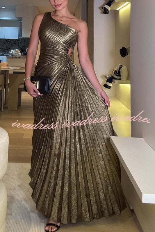 Vestido largo plisado con un hombro descubierto y tejido metalizado Midnight Kiss 
