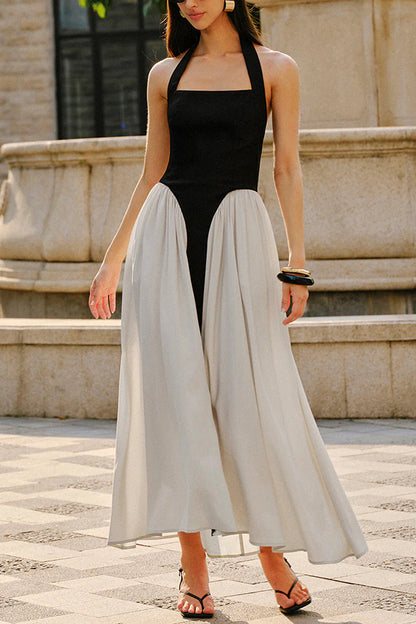 Fashion Contrast Color Stitching Sleeveless Backless Slim Maxi Dress