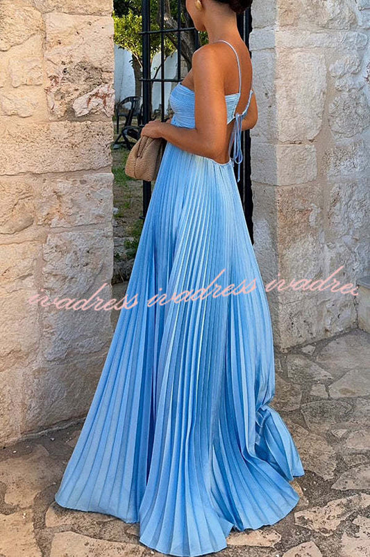 Caught Your Eye Satin Pleated Cross Straps Cutout Flowing Maxi Dress