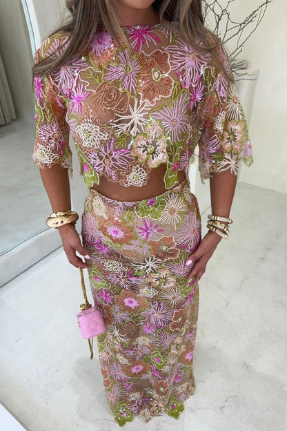 Fashionable Embroidered Flower Sequined Crop Top and Elegant Sheer Maxi Skirt Set