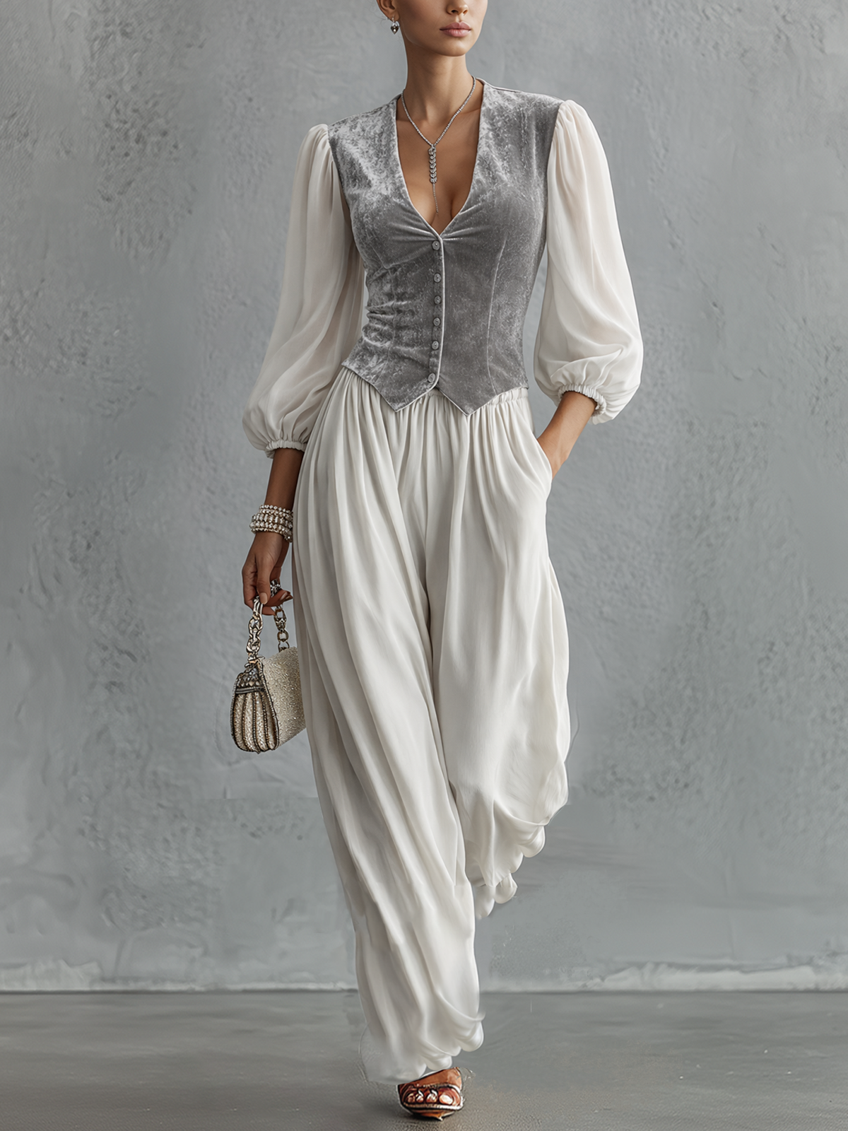 Velvet And Chiffon Two-Piece Set With Sculpted Vest And Fluid Trousers