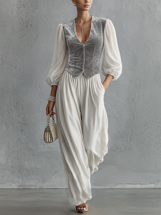 Velvet And Chiffon Two-Piece Set With Sculpted Vest And Fluid Trousers