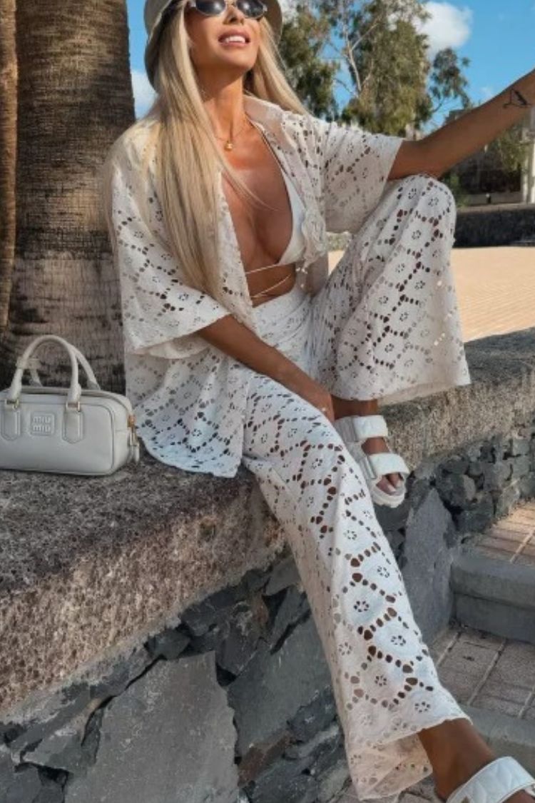 Holiday Crochet Flowers Lace Short Sleeve Shirt and Elastic Waist Wide Leg Pants Set