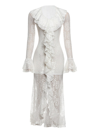Daily White V Neck Long Sleeve Ruffle Casual Asymmetric Hem Lace Midi Dresses