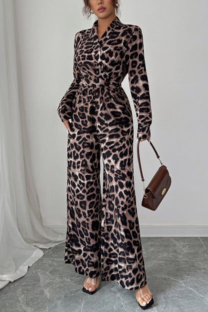 Fashionable Leopard Print Long-sleeved High-waisted Casual Wide-leg Jumpsuit