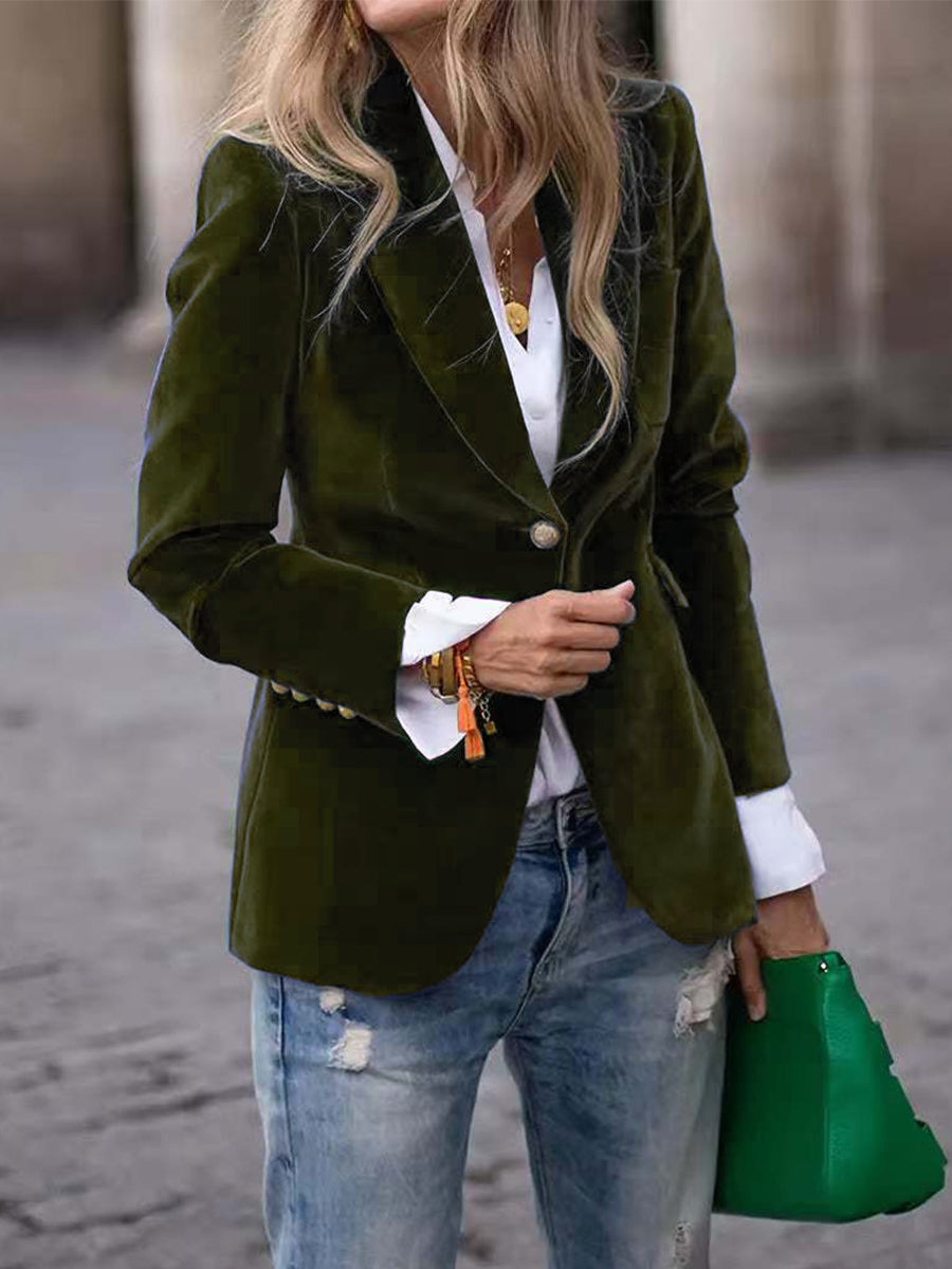 Elegant Red Velvet Lapel Collar One Button Long Sleeve Blazer