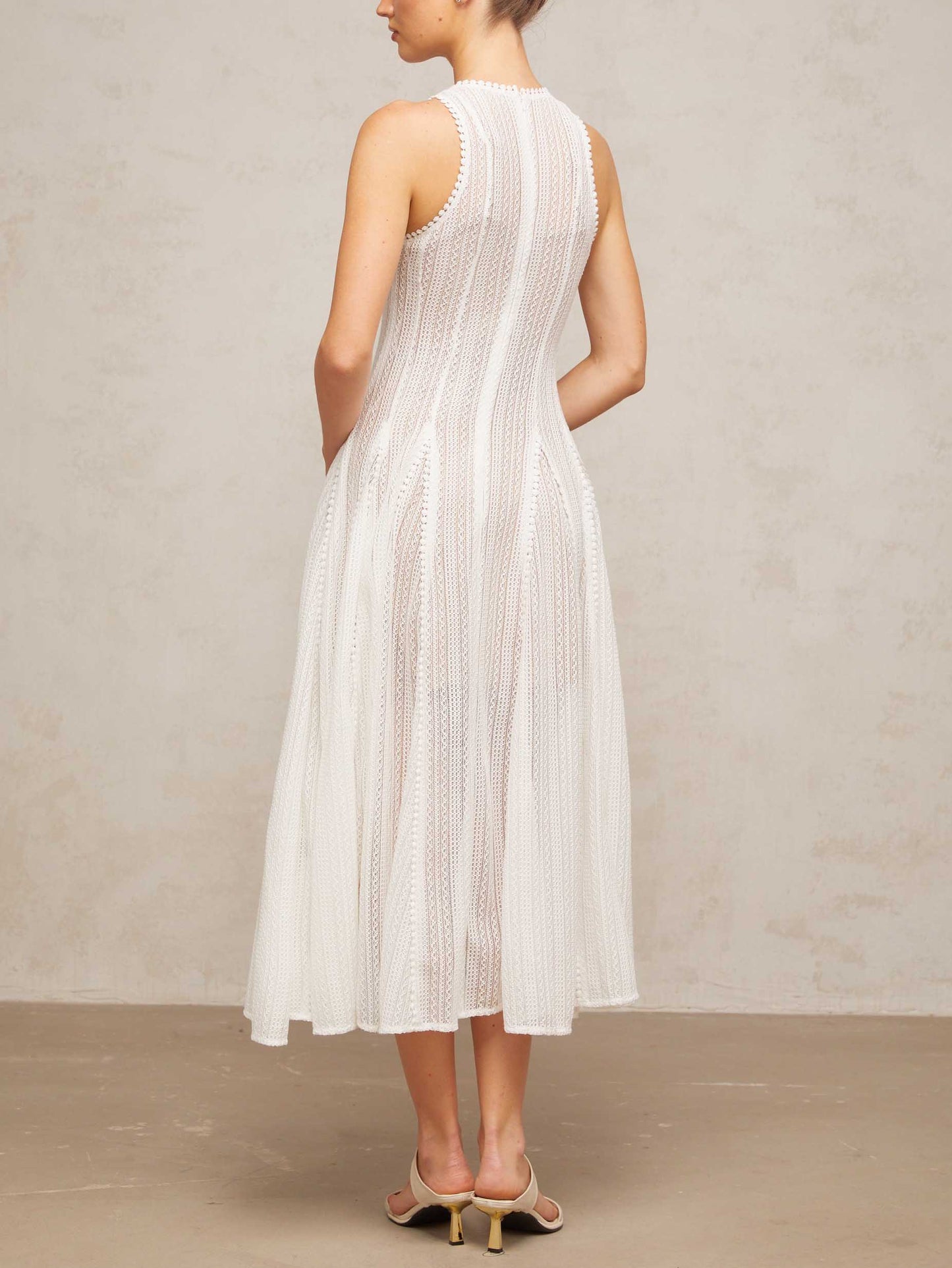 Elegant Hollow Lace Slim Sleeveless Swing Midi Dress