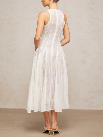 Elegant Hollow Lace Slim Sleeveless Swing Midi Dress