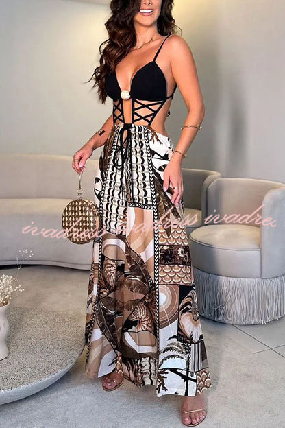 Tulum Dreaming Strap Cross Design Patchwork Printed Elastic Waist Backless Jumpsuit