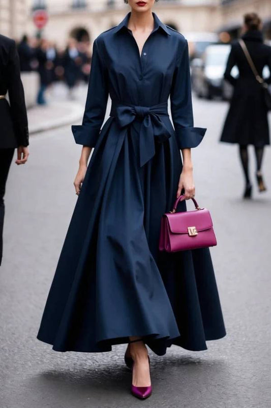 Elegant Long-sleeved Shirt-style Tie Maxi Dress