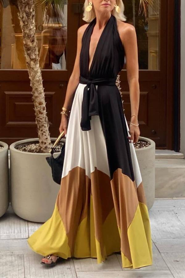 Colorblock Lace-up Backless Sexy Long Swing Dress
