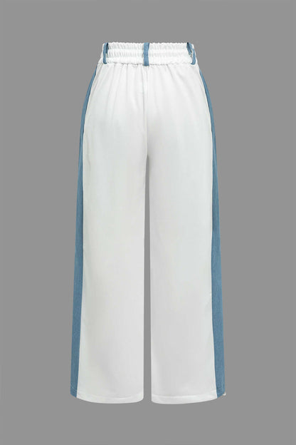 Color Block Denim Patchwork Hooded Zipper Jacket And Trousers Set