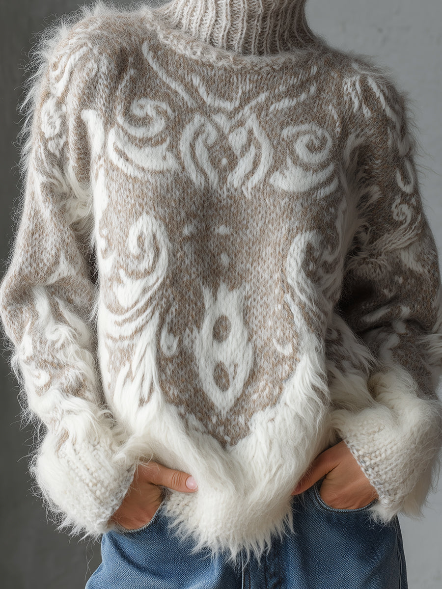 sheenchic Gray Turtleneck Long Sleeve Patterned Fuzzy Knit Sweater