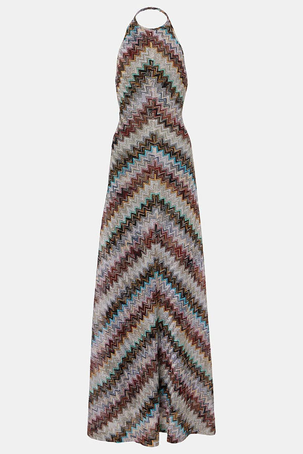 Jodie Knit Colorful Herringbone Print Halter Open Back Maxi Dress