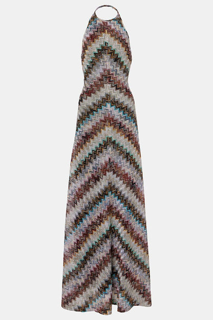 Jodie Knit Colorful Herringbone Print Halter Open Back Maxi Dress