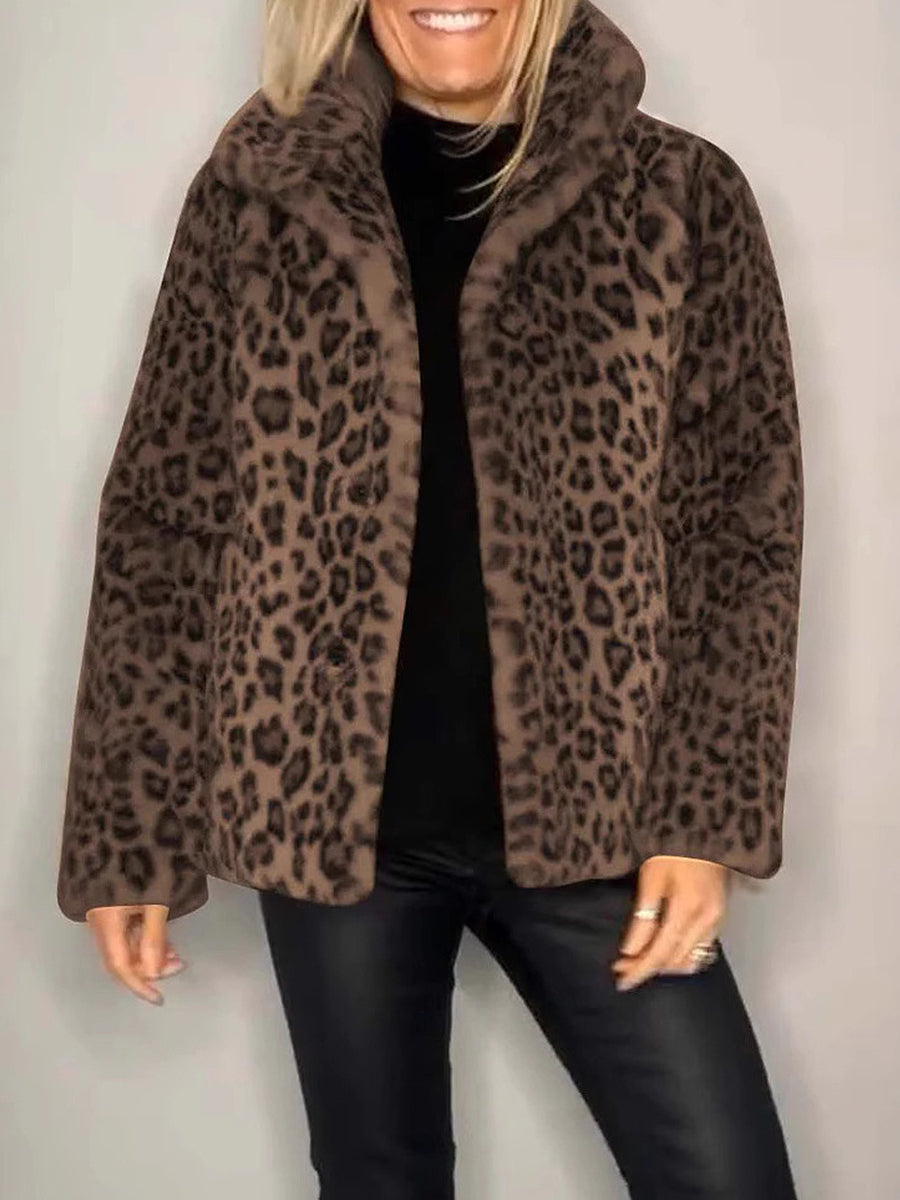 Daily Brown Leopard Turndown Collar Long Sleeve Vintage Faux Fur Coat