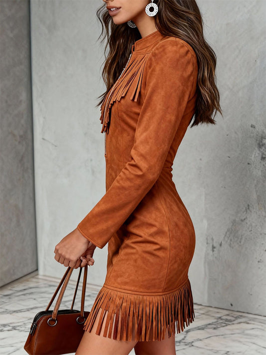 Daily Brown Stand-Up Collar Long Sleeve Strappy Western Zipper Chamois Mini Dresses