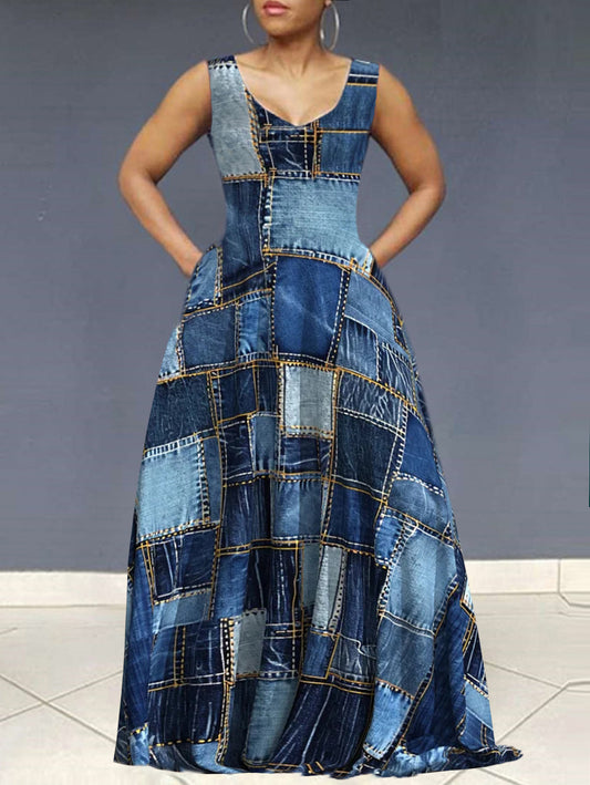 sheenchic Denim Allover Pattern V Neck Sleeveless Maxi Dress