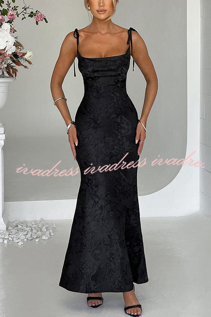 Jacquard Fabric Elegant Suspender Tie Slim Fishtail Maxi Dress