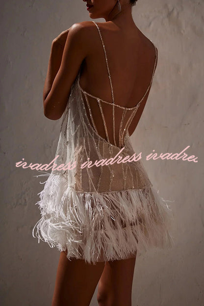 Fairy Lights Sequin Layered Feather Fringed Mesh Mini Dress