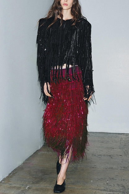 Party Crasher Layered Sequined Tassels High Rise Back Zipper Midi Skirt