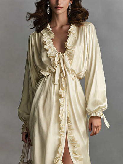 sheenchic Daily Yellow V Neck Long Sleeve Ruffle Elegant Split Midi Dresses [Pre-Order]