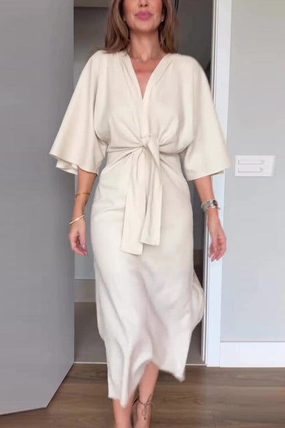 Vestido midi informal de color liso con escote en V, media manga y lazo en la cintura 