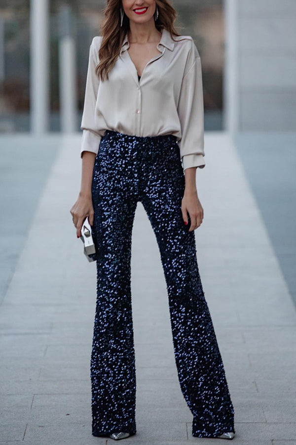 Diva Sequin High Rise Elastic Waist Flare Pants