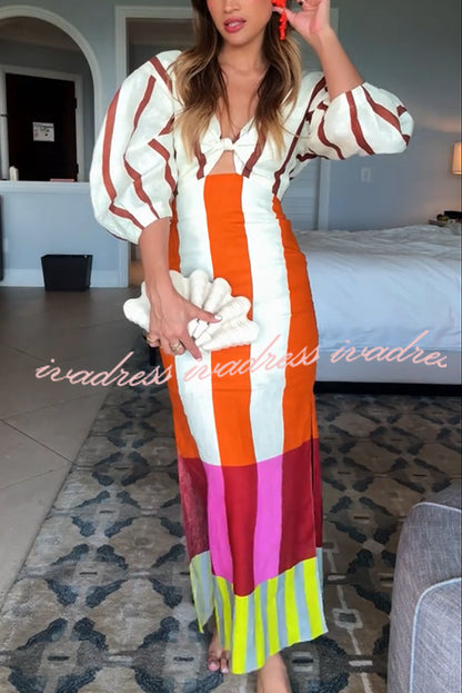 Vestido largo Kaya de mezcla de lino con estampado de bloques de color, abertura frontal, nudo y mangas abullonadas 