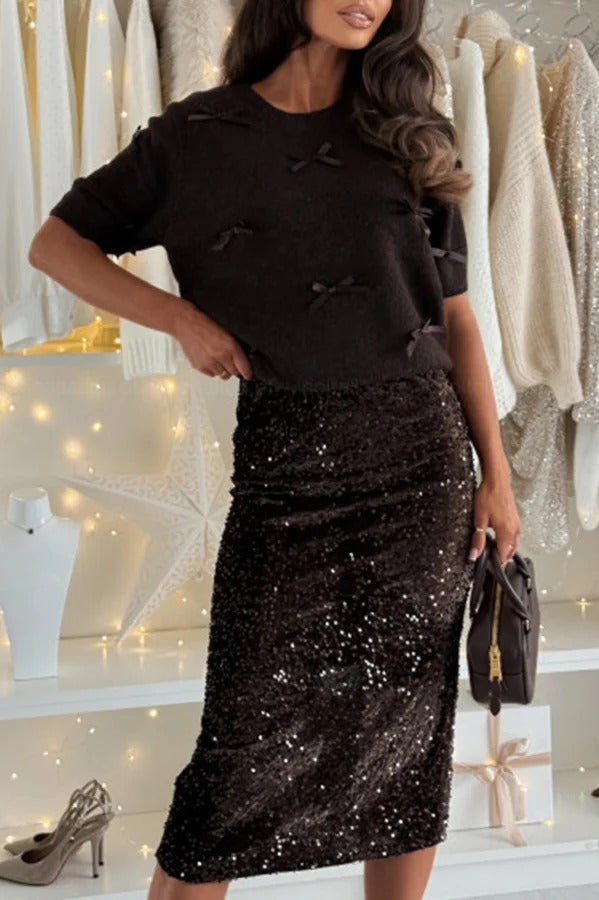 Light The Night Velvet Sequin High Rise Elastic Waist Pencil Slit Midi Skirt