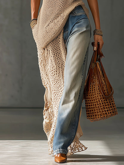 Beige Sleeveless Open Knit Long Sweater