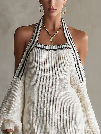 White Knit Off-Shoulder Halter Mini Sweater Dress